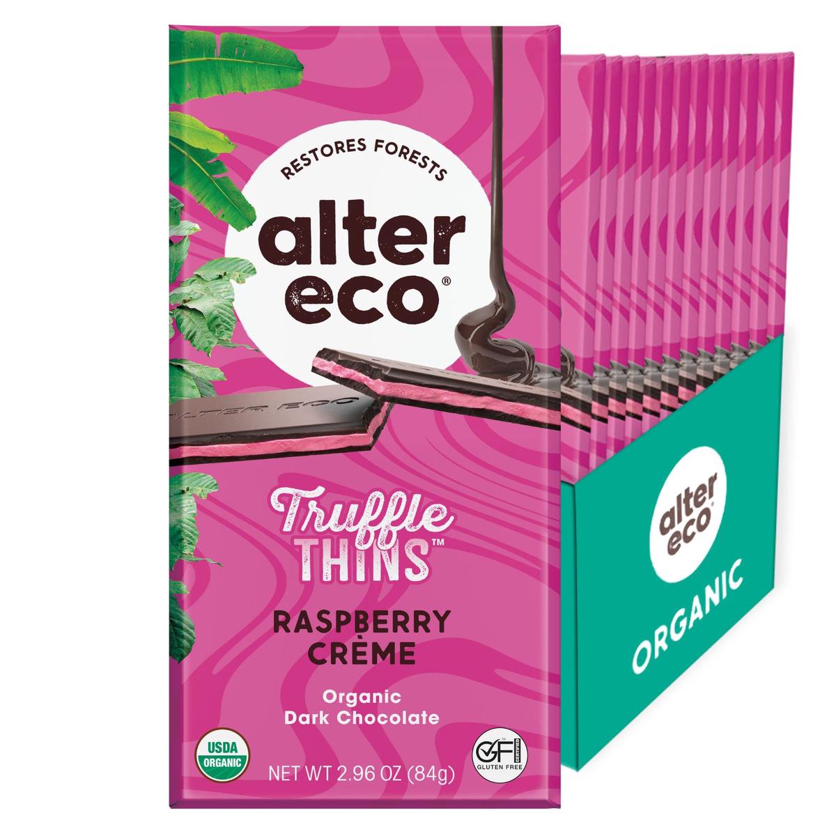 Alter Eco Raspberry Creme Truffle Thins, Chocolate Bar with Gooey Ganache Truffle Filling, Organic, Gluten & Soy-Free, Non-GMO S