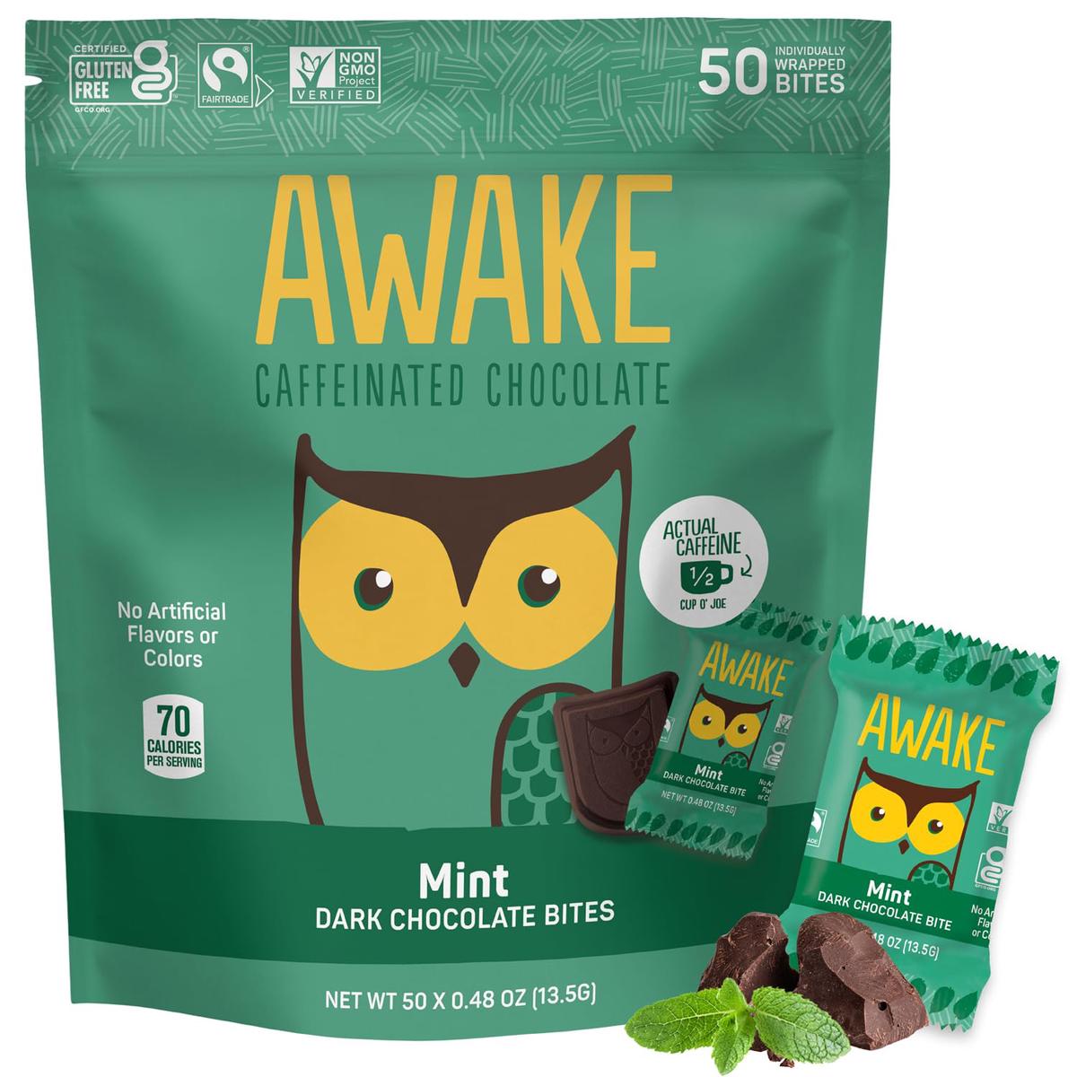 AWAKE - Caffeinated Chocolate Bites - Mint Dark Chocolate  50 Bites - 50mg Caffeine - Individually Wrapped Energy Bites - Coffee Alternative - Fairtrade  Gluten Free  Non GMO - 0.48oz