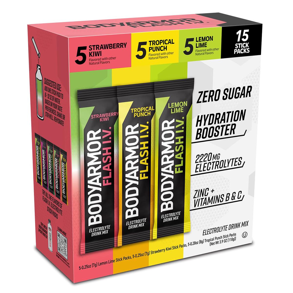 Bodyarmor Flash Iv Electrolyte Packets, Strawberry Kiwi, Lemon Lime, & Tropical Punch Variety Pack - Zero Sugar Drink Mix, Singl