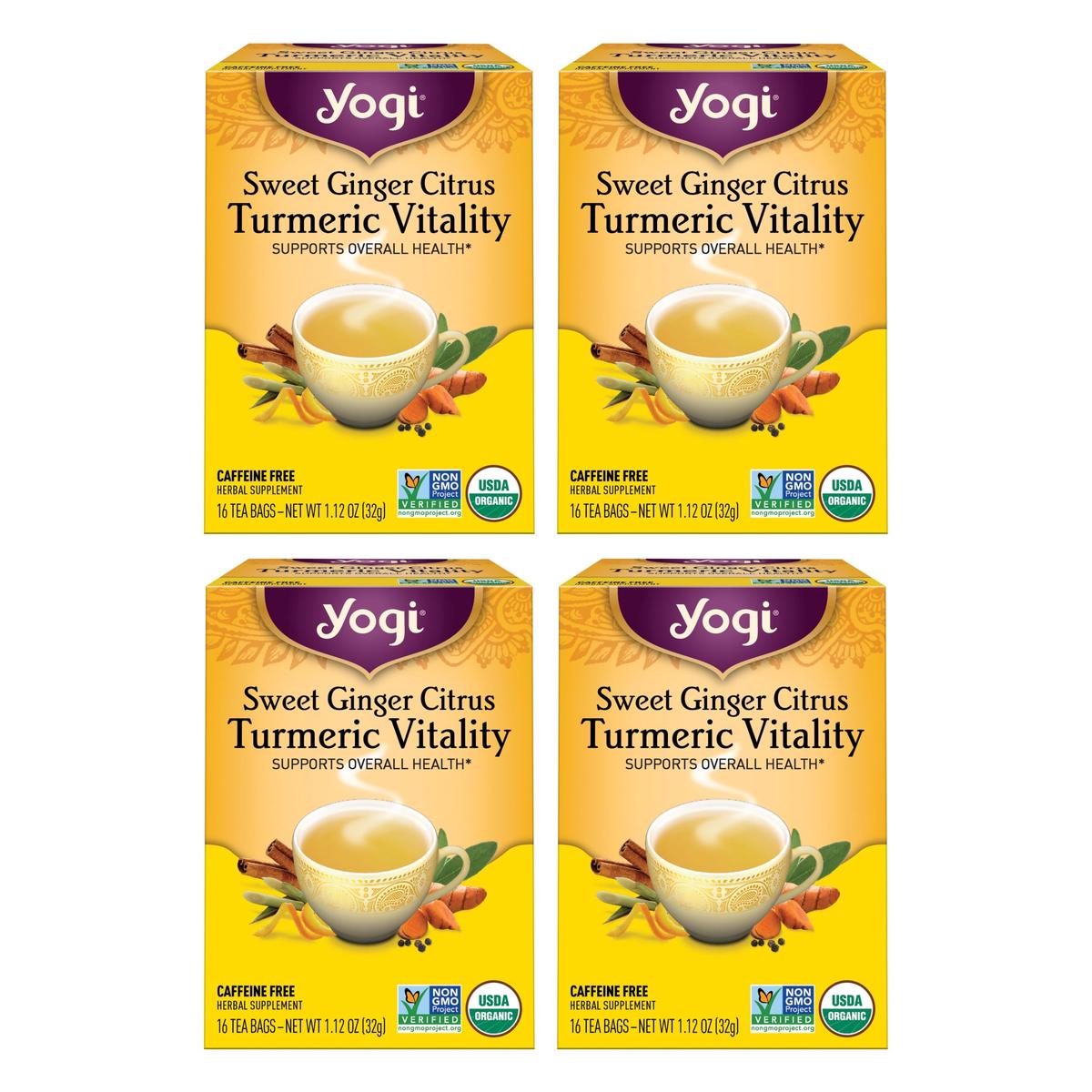 Yogi Tea Sweet Ginger Citrus Turmeric Vitality - 16 Bags per Pack (4 Packs) - Organic Ginger & Turmeric Root Tea - Supports Well