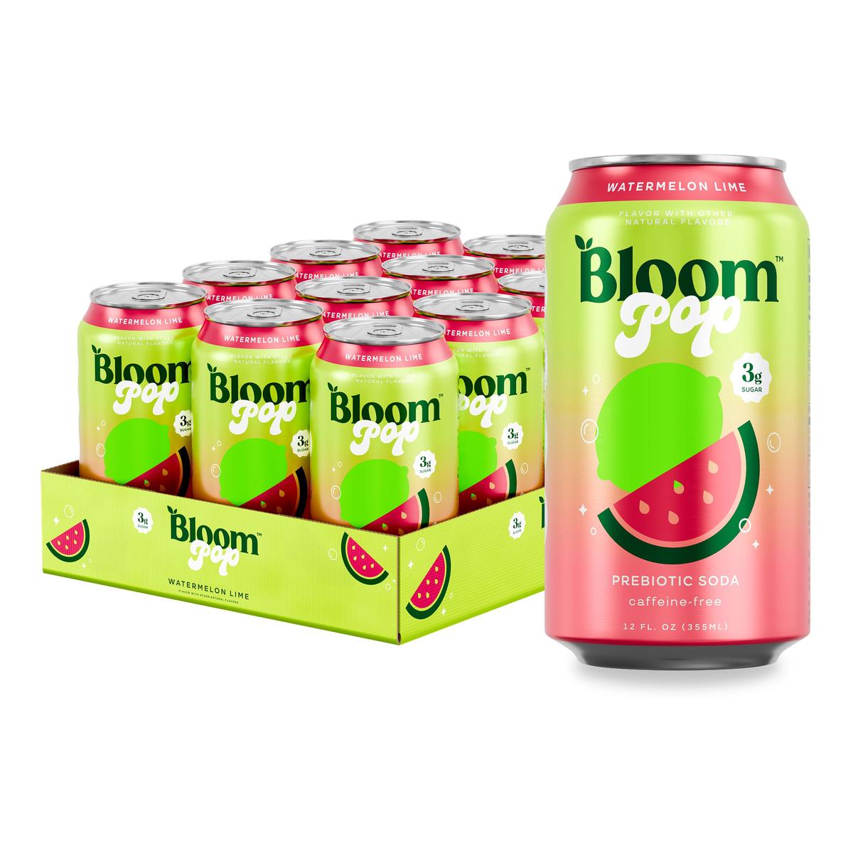 Bloom Pop Prebiotic Soda 12 Pack, Watermelon Lime Flavor, 12Oz Cans | Prebiotic Soda For Gut Health, Low Calorie Soda, No Caffeine, Healthy Soft Drink Alternative