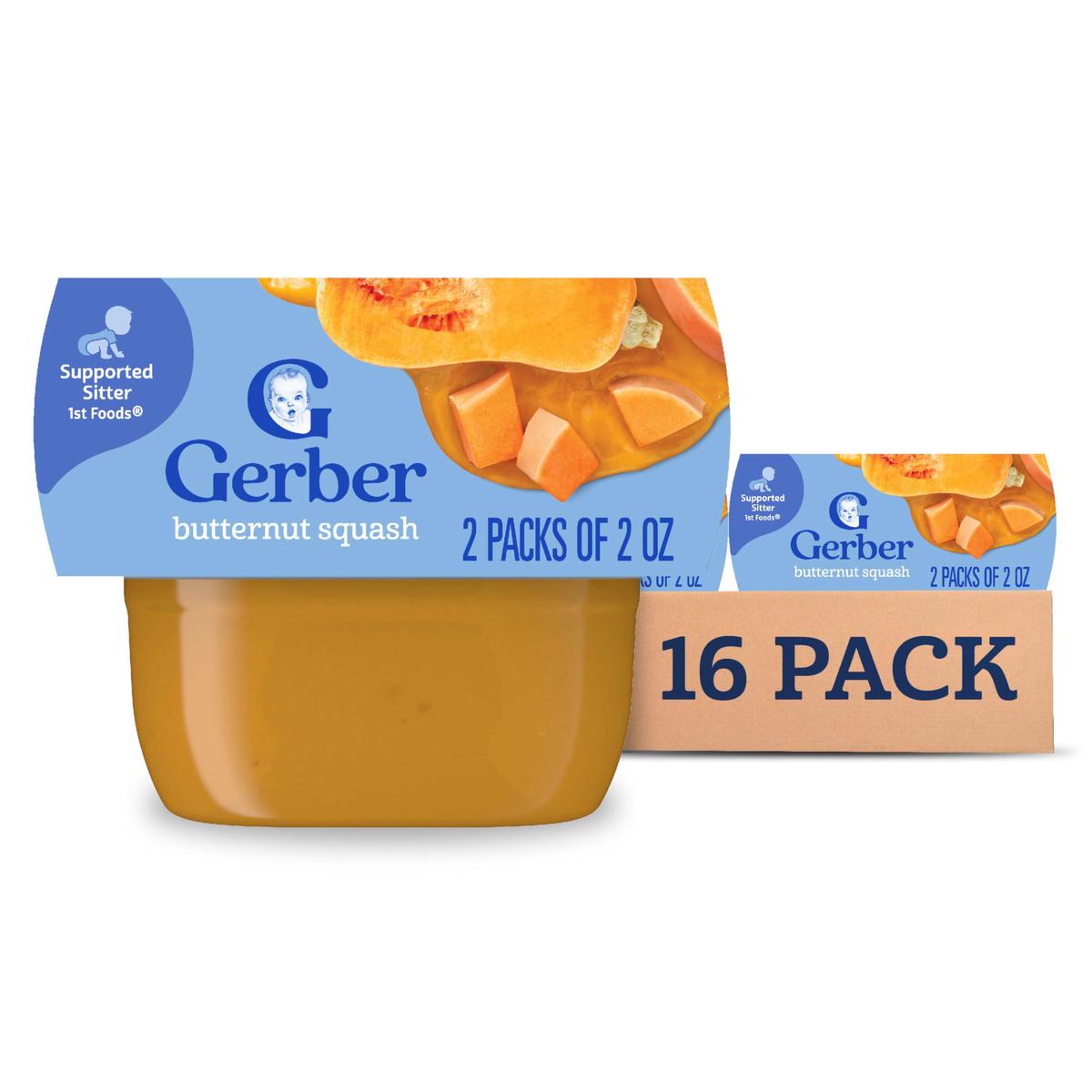 Gerber Stage 1 Baby Food, Butternut Squash Puree Tubs, No Added Salt, No Artificial Colors Or Flavors, Baby Puree, 16-Pack