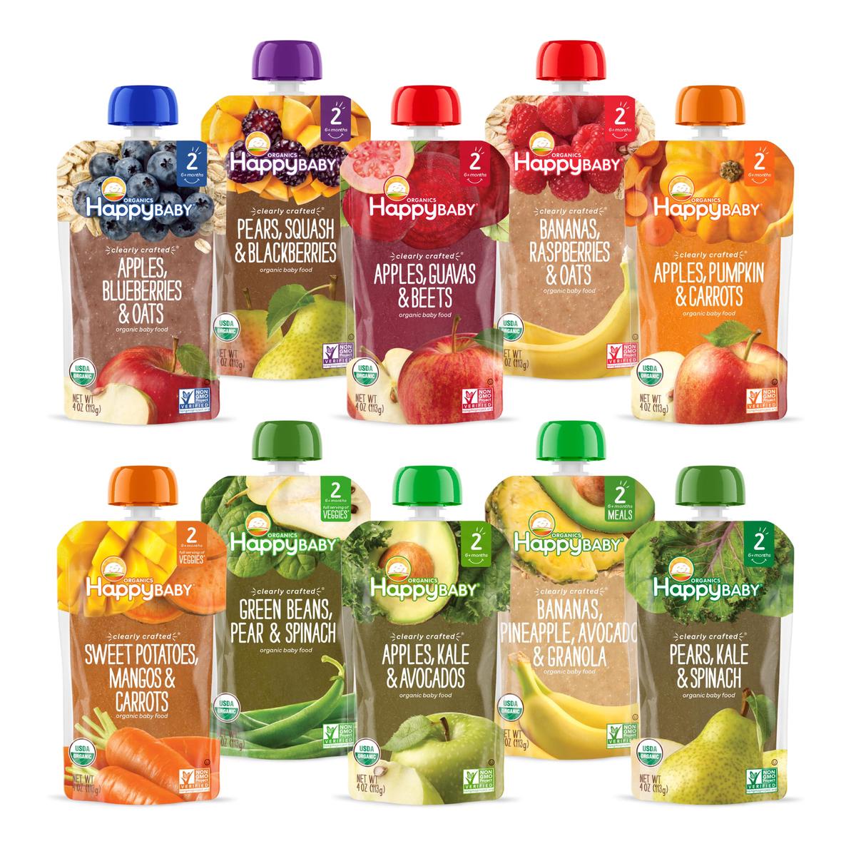 Happy Baby Organics Stage 2 Baby Food Pouches, Gluten Free, Vegan & Healthy Snack, Clearly Crafted Fruit & Veggie Puree, Fruit & Veggie Variety Pack, 4 Ounces (Pack Of 10), Large Online Retailer Limit