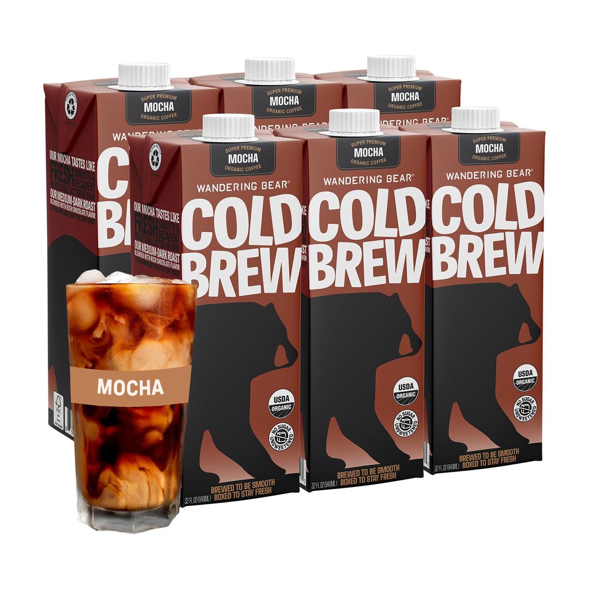 Wandering Bear Organic Mocha Cold Brew Coffee  32 fl oz  6 pack - Extra Strong  Bold  Smooth  Unsweetened  Shelf-Stable  Ready to Drink  Gluten Free  & Vegan  Iced Cold Brewed Coffee Drinks