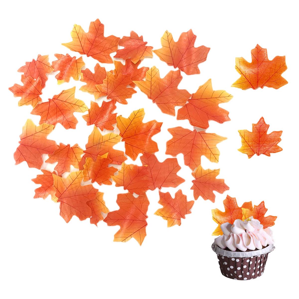 Weraru Edible Fall Leaves Cupcake Toppers, 90 Pcs, Gold Leaf Design, Red Paper Party Decorations