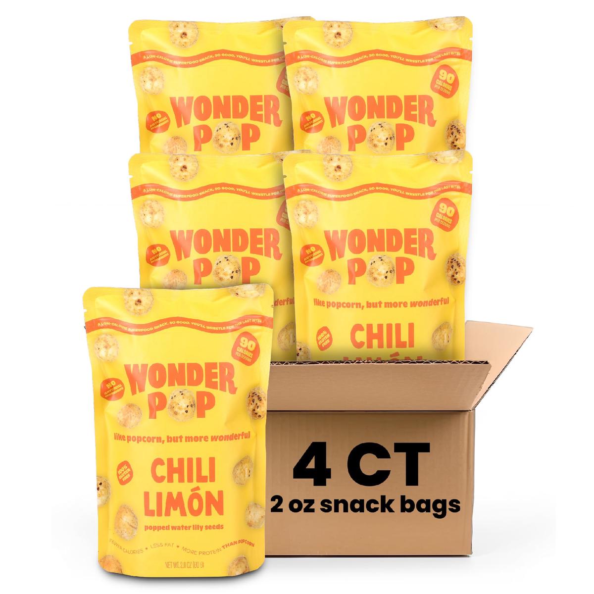 WonderPop Chili Limon - Popped Water Lily Seeds (4-Pack) | 90 Calorie, 6g Protein, Vegan, Gluten-Free, Non-GMO | Guilt-Free Plan