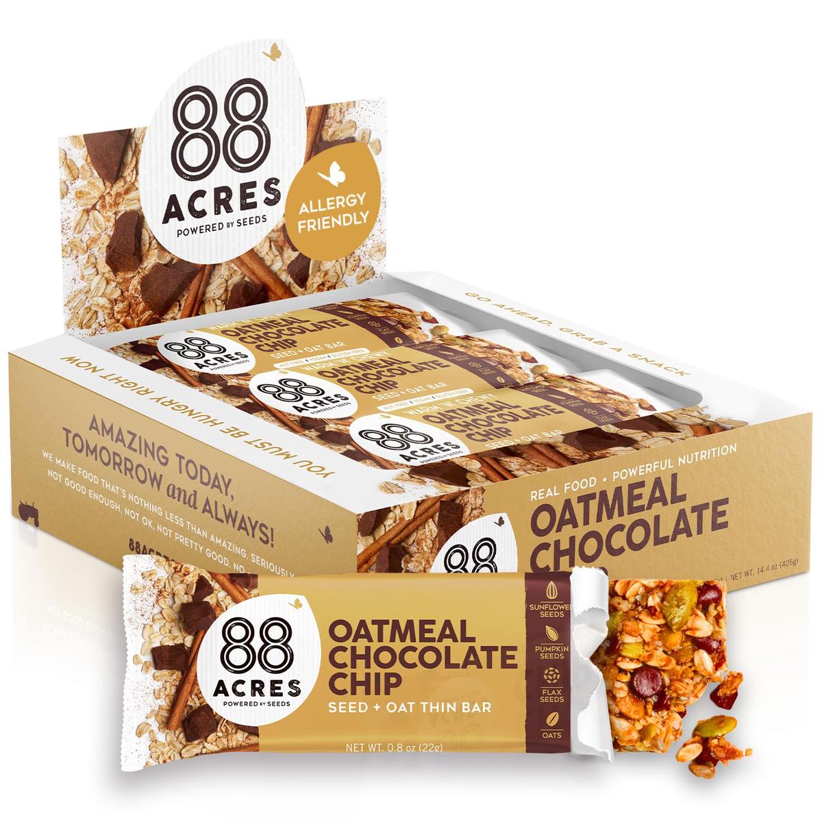88 Acres Granola Bars | Oatmeal Chocolate Chip | Gluten Free, Nut-Free Oat and Seed Granola Bar | Vegan & Always Non GMO | 12 Pa