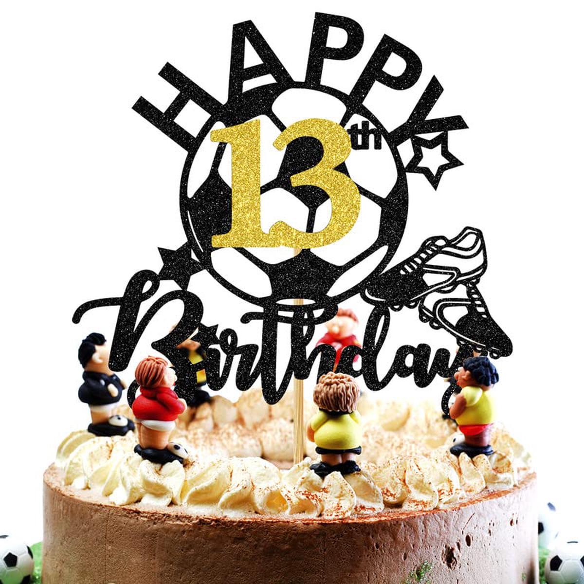 Aeryourtar Glitter Soccer Cake Topper, 13th Birthday Decorations, Paper, Soccer Theme, Party Supplies for Boys and Girls