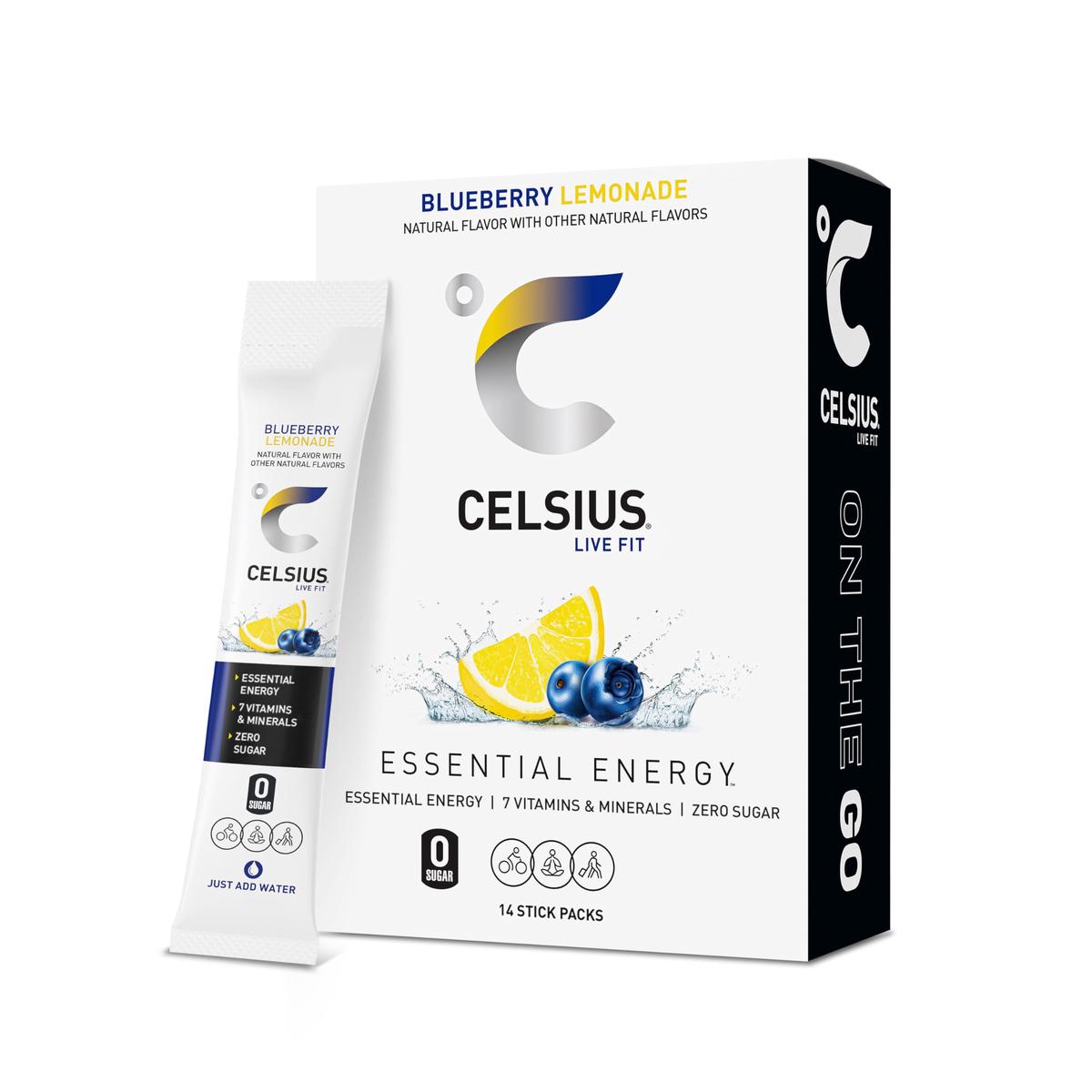 CELSIUS On-the-Go Powder Sticks Blueberry Lemonade, 14 Count, Essential Energy, 2.6 Oz per Pack