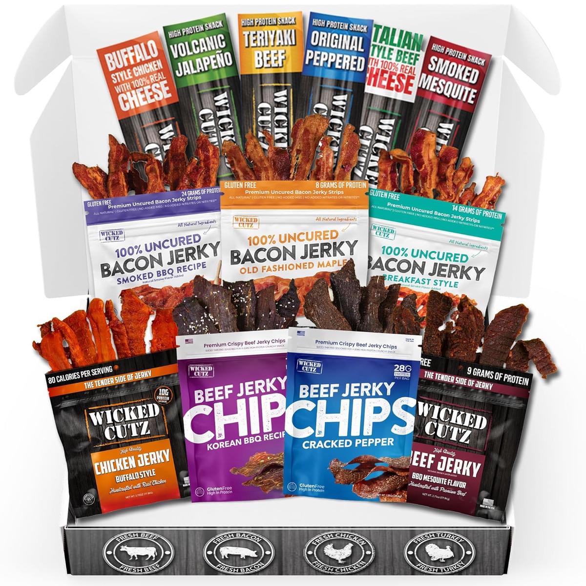 Wicked Cutz Beef Jerky Snack Sampler, 13 Tender & Flavorful Snacks, High Protein, Gluten Free, Low Carb, 1.77 oz Pack