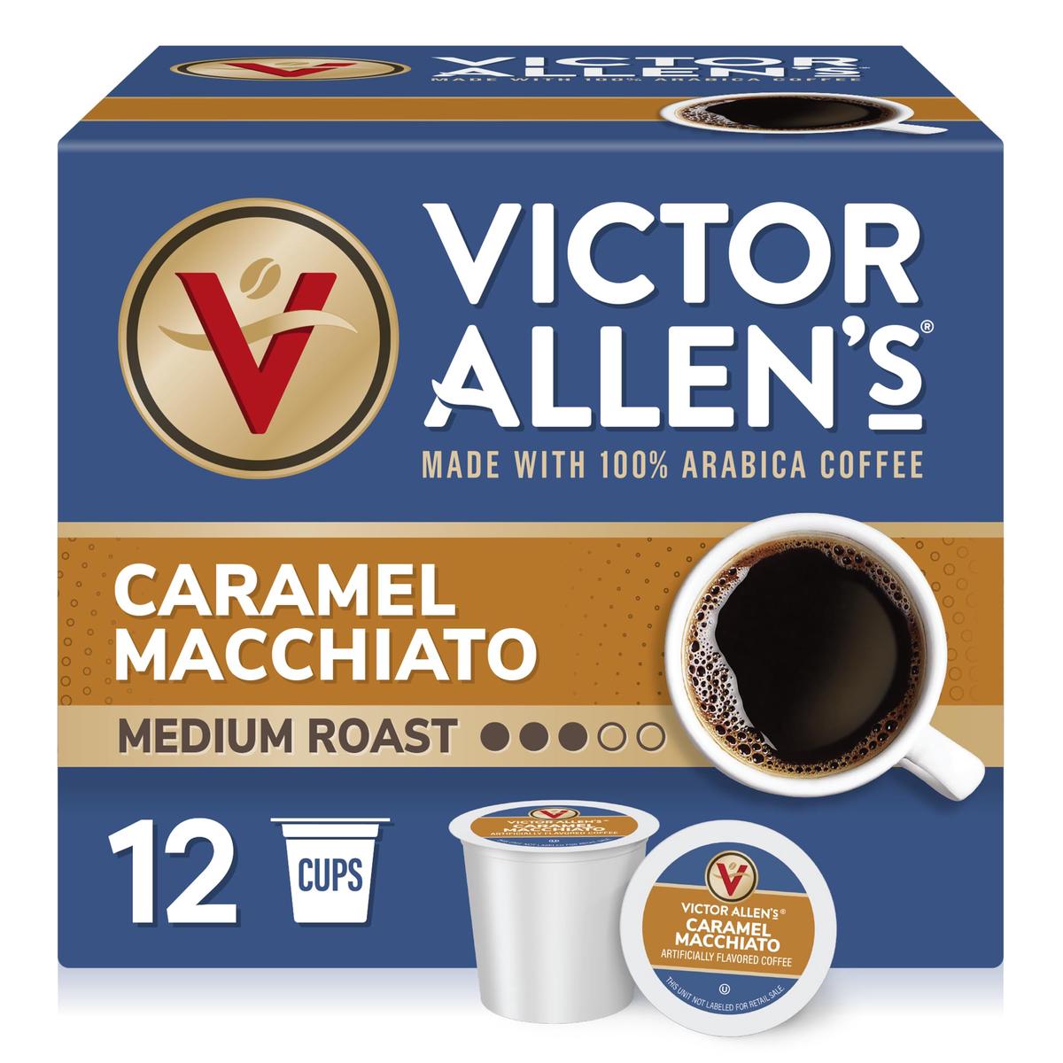 Victor Allens Coffee Caramel Macchiato Flavored Coffee Pods, Medium Roast, 12 Count, Compatible with Keurig K-Cup malt-inspired, Brown