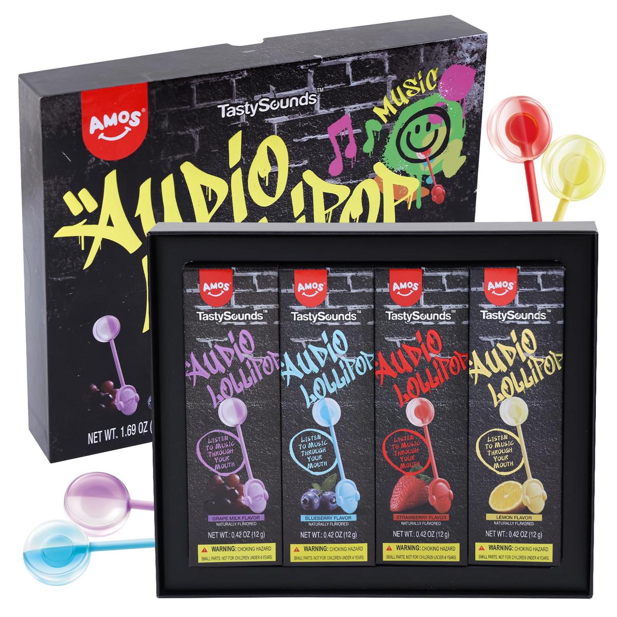 Amos Music Lollipop Candy Suckers  Tastysounds Audio Hip Hop Singing Lollipop, Assorted Fruit Flavors, Sugar-Free, Low-Calorie Snack, 4-Pack Gift Box