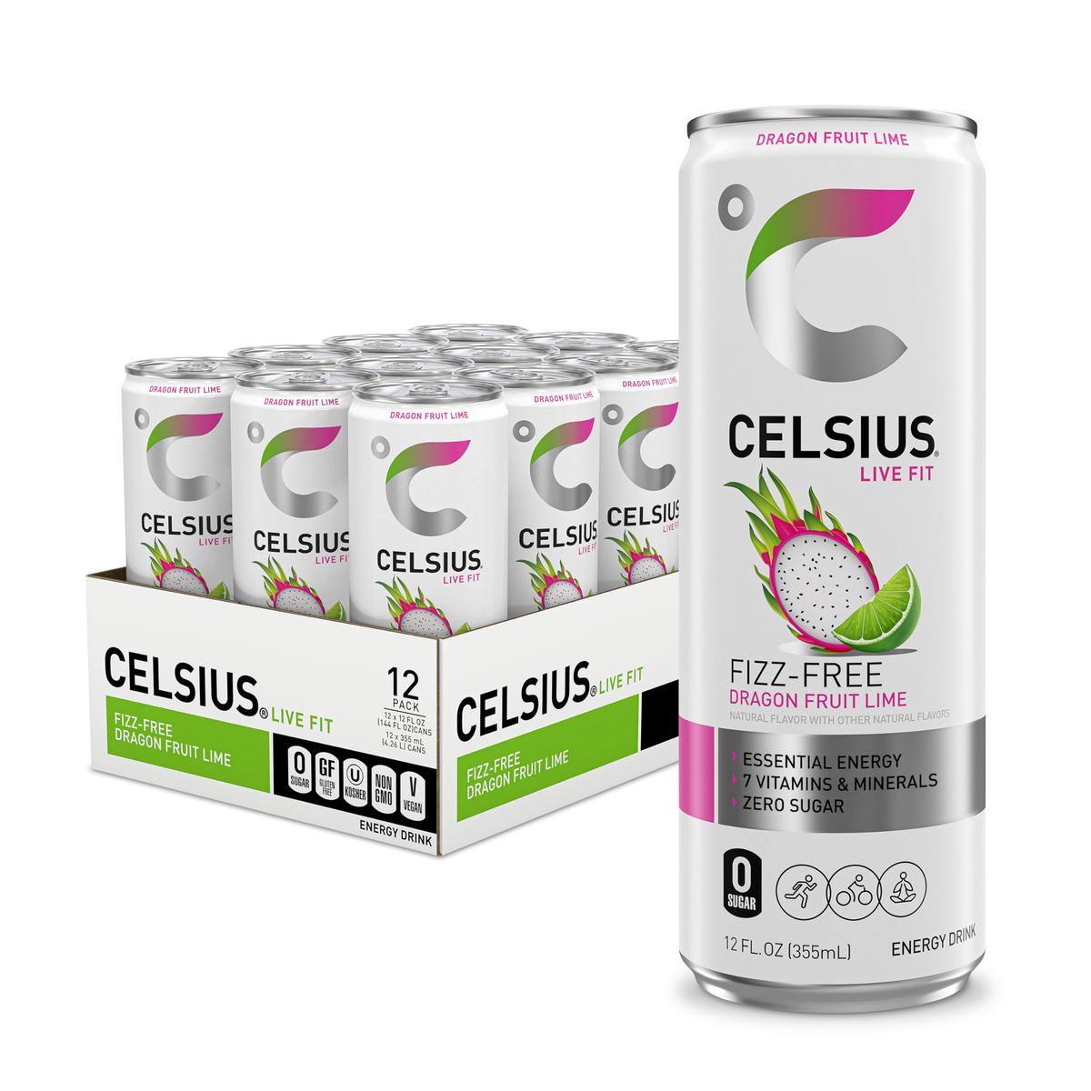 CELSIUS Fizz Free Dragon Fruit Lime  Sugar Free Energy Drink  12 Fl Oz (Pack of 12)