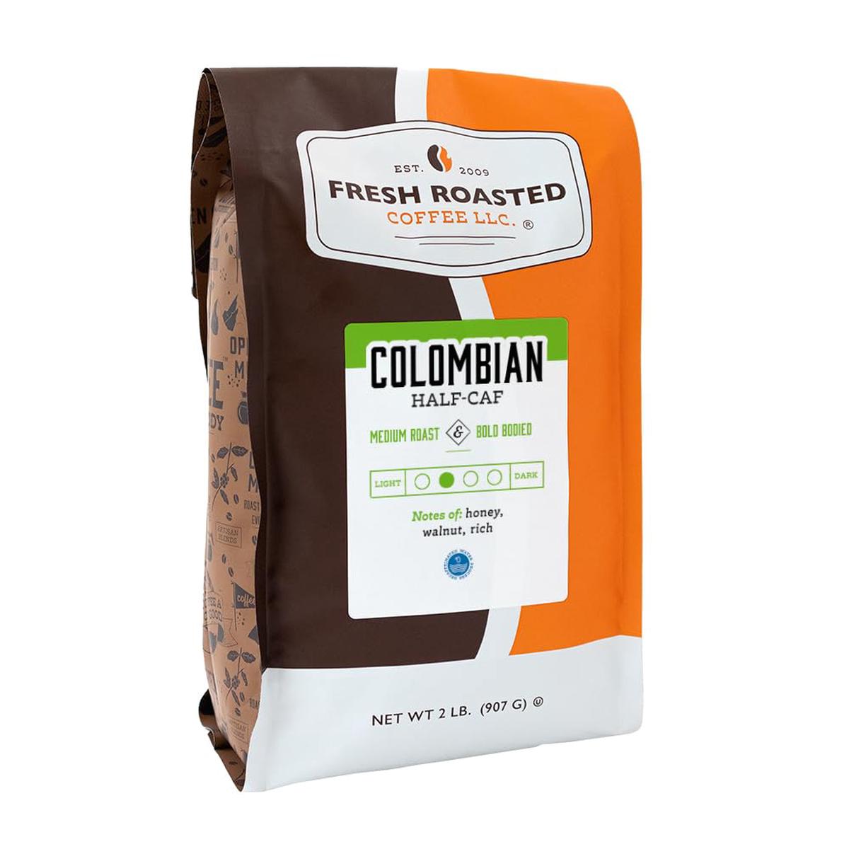 Fresh Roasted Coffee Colombian Water Half-Caf Medium Roast Whole Bean 32 oz