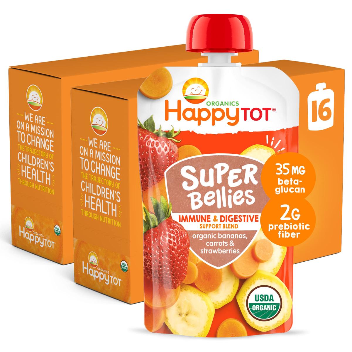 Happytot Organics Stage 4 Baby Food Pouches, Gluten Free, Vegan Snack, Super Bellies, Fruit & Veggie Puree, Banana, Carrot & Strawberry 4 Ounce (Pack Of 16)