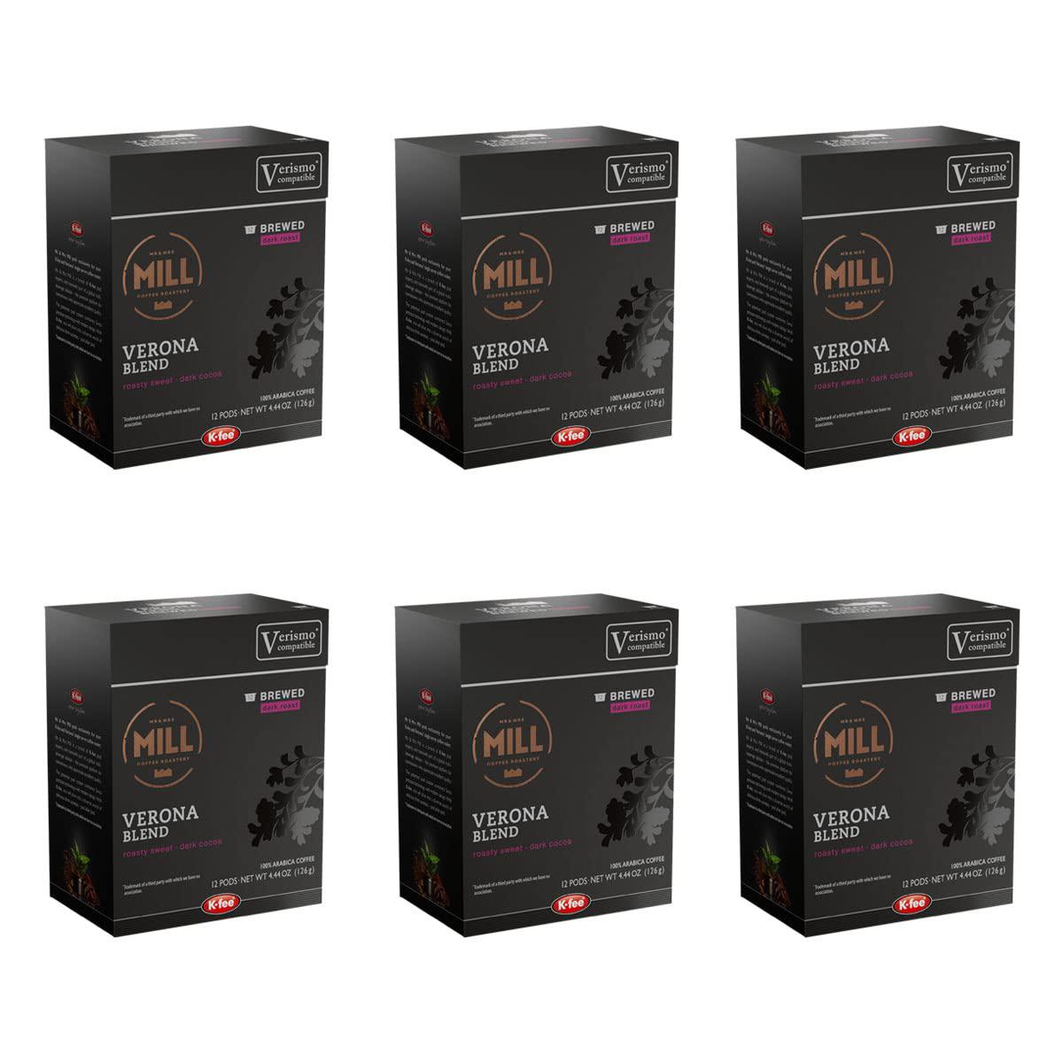 Mill Coffee Brewed Verona Blend Coffee K-Fee & Starbucks Verismo* Compatible | 72 Count (6 Boxes X 12 Pods) | Dark Roast Single