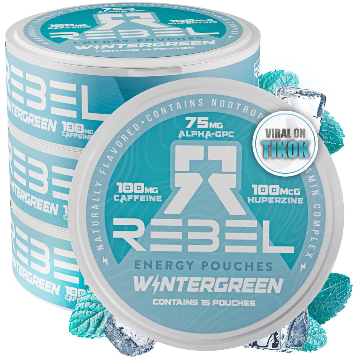 Rebel dietary products Nootropic Energy Caffeine Pouches 100mg Caffeine Sugar-Free Pack of 4 Wintergreen Flavor