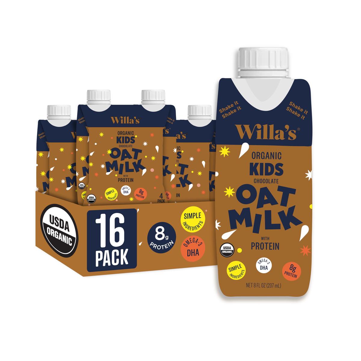 Willa s Organic Kid s Chocolate Oat Milk with 8g Protein & 240g Calcium  Plant-Based Milk for Kids  Dairy-Free  Low Sugar  2g Fiber- 8.25 oz  16 Pack