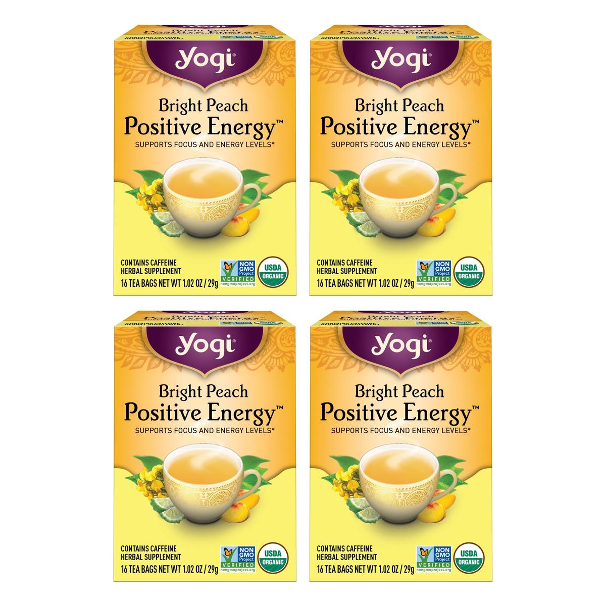 Yogi Bright Peach Positive Energy Tea - Organic Oolong & Hibiscus - 16 Tea Bags per Pack (4 Packs)