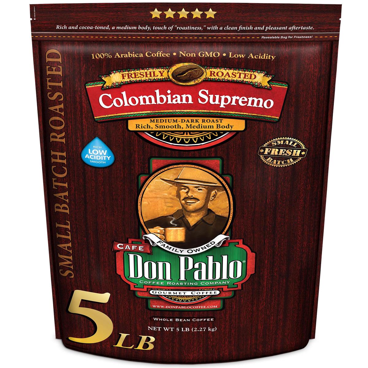 Cafe Don Pablo 5LB Colombian Supremo Whole Bean Coffee - Medium-Dark Roast, Low Acidity - 80 Ounce Bag