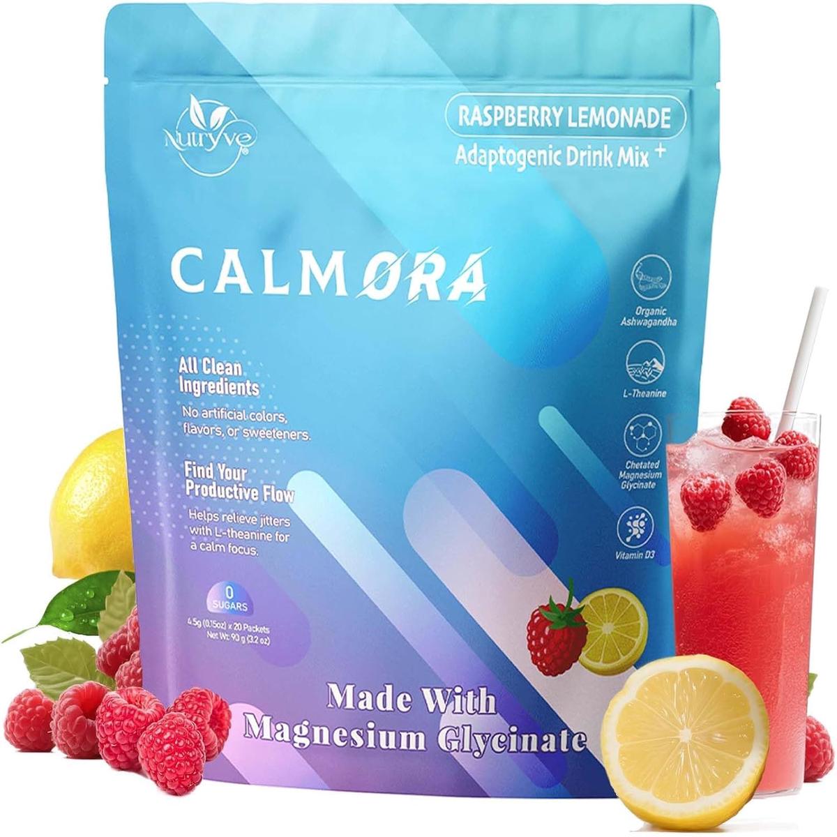 CALMORA Adaptogenic Relaxation Drink Mix - Raspberry Lemonade with L-Theanine, Ashwagandha & Magnesium Glycinate |Sugar-Free, No