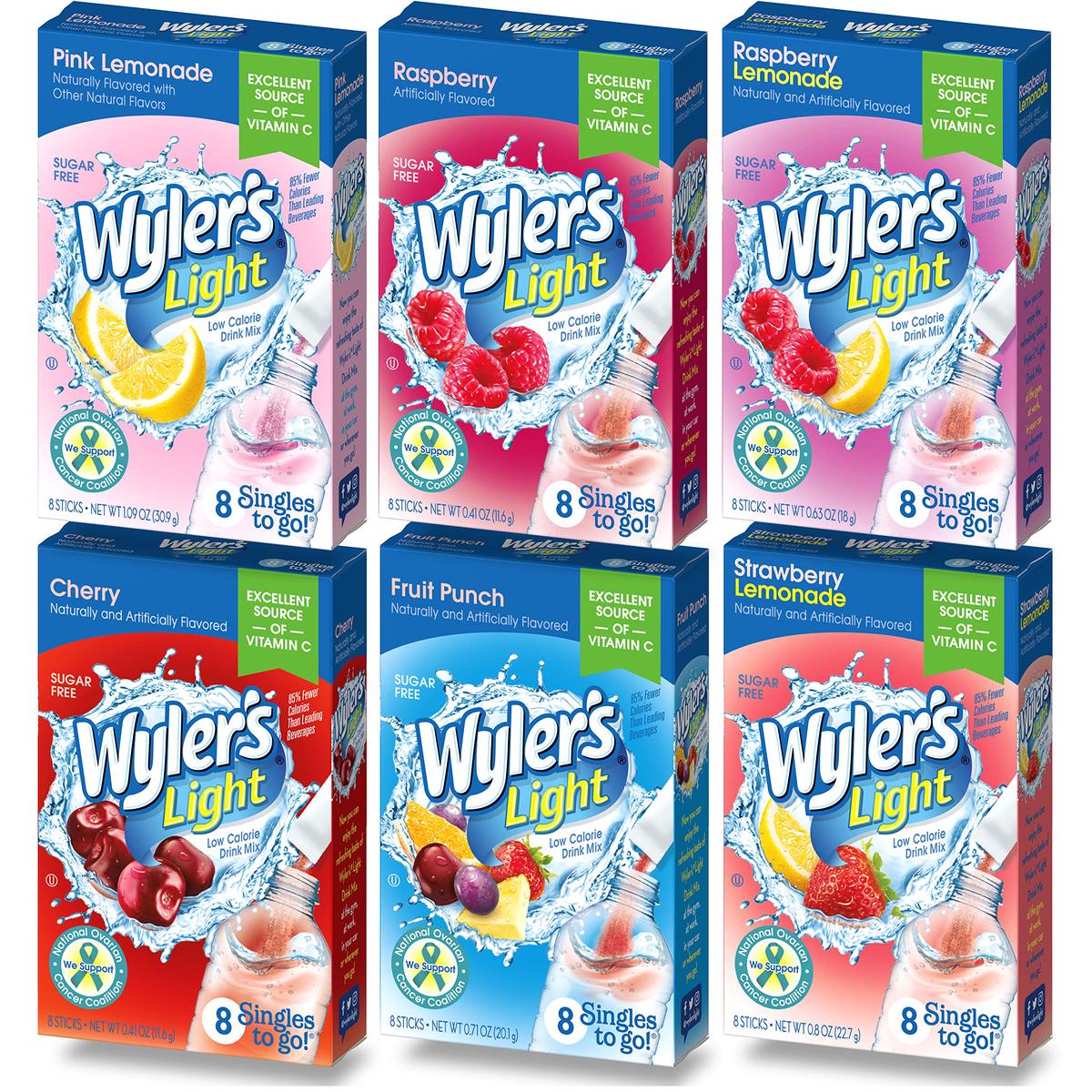Wylers Light Drink Mix Variety Pack, 48 Sticks, Includes Pink Lemonade, Strawberry Lemonade, Fruit Punch, Cherry, Raspberry