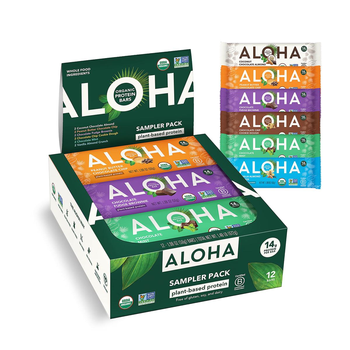 ALOHA Organic Plant Based Protein Bars - Vegan, Gluten-Free, Low Sugar, 12 Count, 1.9oz, Variety Pack, Green
