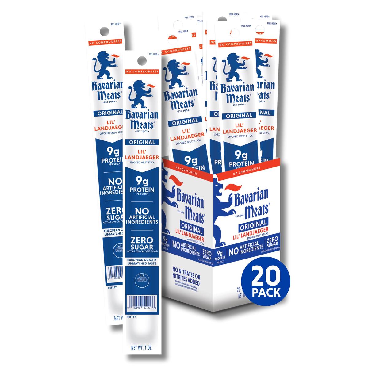 Bavarian Meats Lil Landjaeger Meat Sticks  Individually Wrapped Smoked Sausage Snacks  Zero Sugar  Great Source of Protein  Gluten Free  Keto Friendly Low Carb Snack  1 Ounce (Pack of 20)