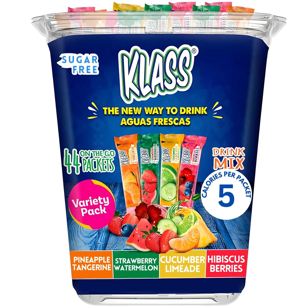 Drink Mix Klass Aguas Frescas - 44 Powdered Sugar Free Singles - Flavors: Cucumber Limeade Pineapple Tangerine Strawberry Waterm