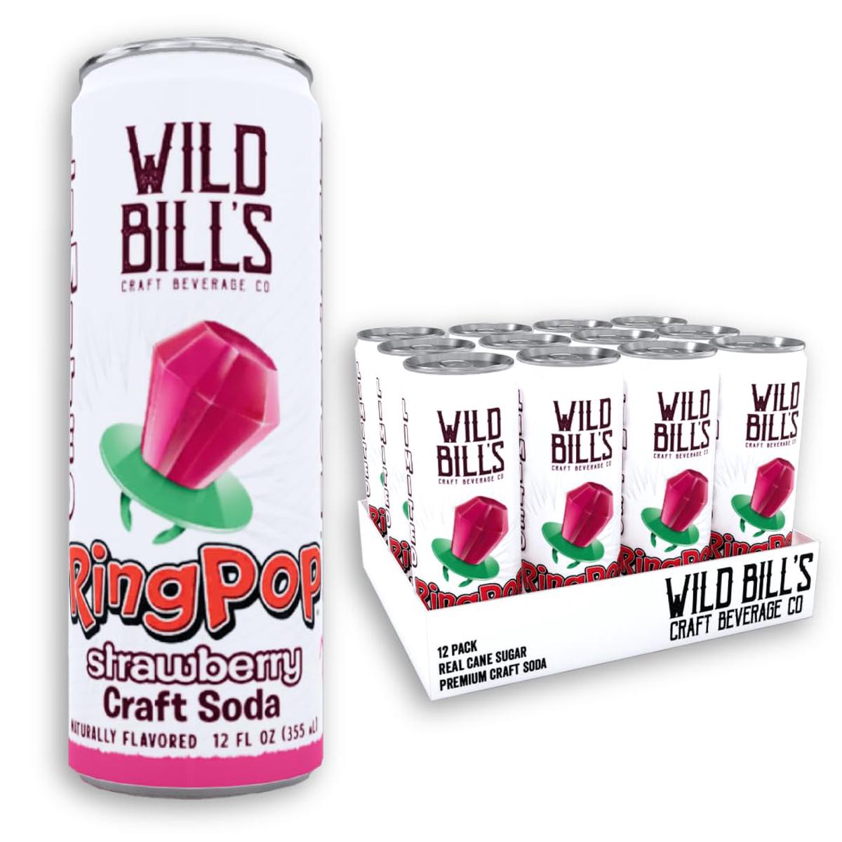 Wild Bills Strawberry Ring Pop Craft Soda  Pure Cane Sugar, Caffeine Free, Vegan  12 Oz Cans, 12 Pack