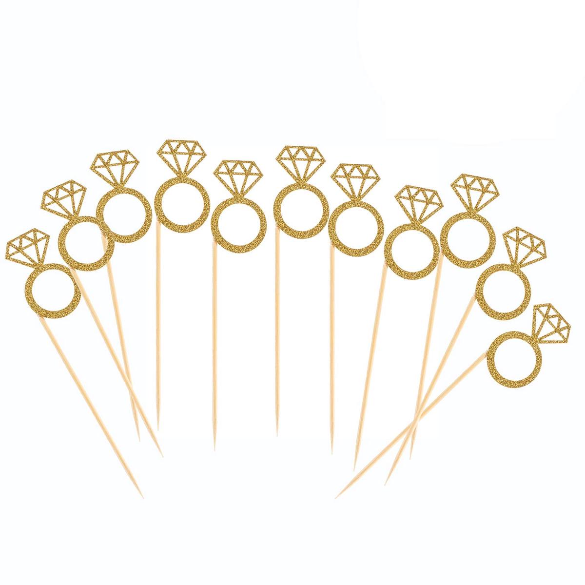 50 Pack Cupcake Toppers Gold Glitter Mini Diamond Ring Cakes Toppers For Marriage Engagement Anniversary Birthday Valentines Party Cake Decor