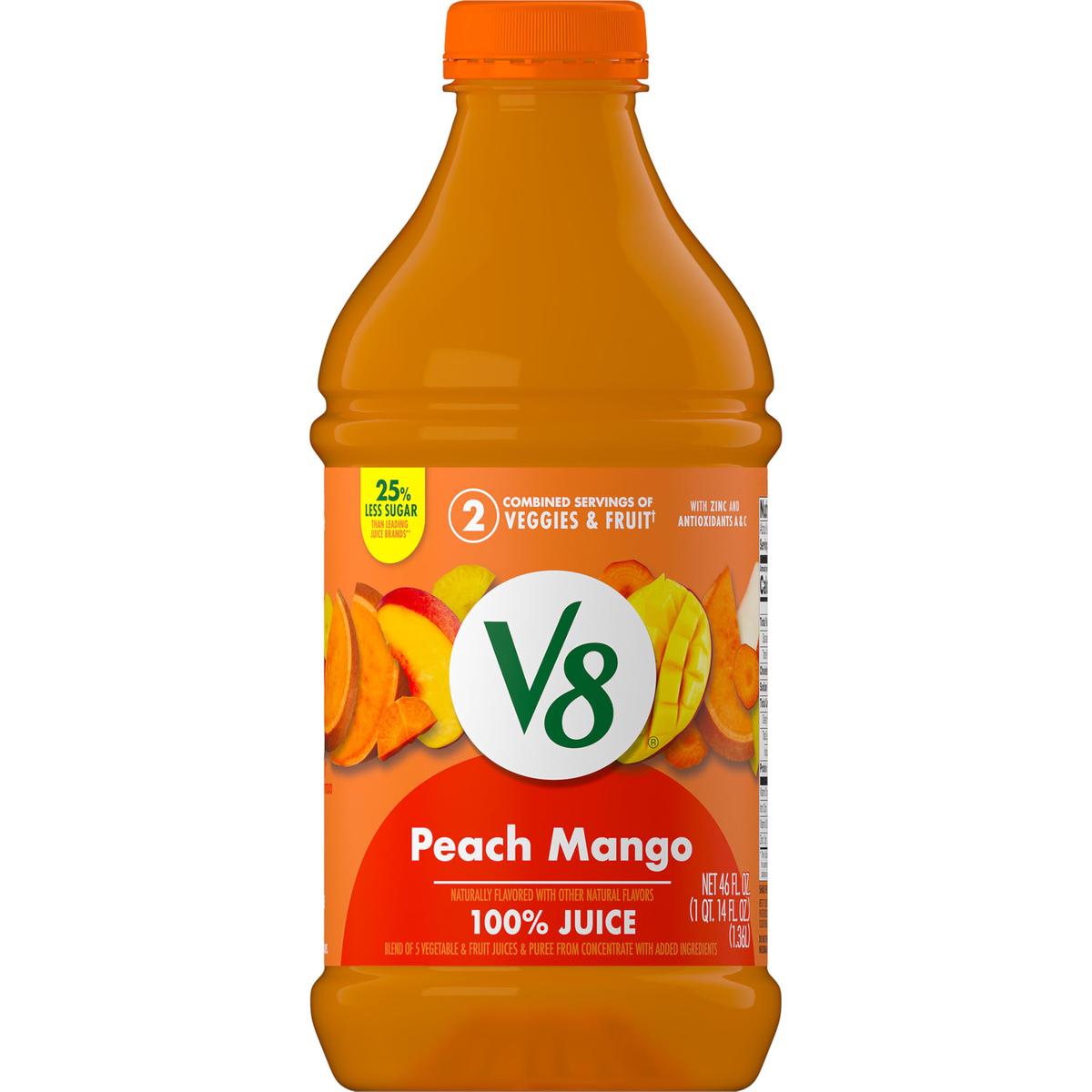 V8 Peach Mango 100% Fruit and Vegetable Juice, 46 Fl Oz Bottle, Pack of 1