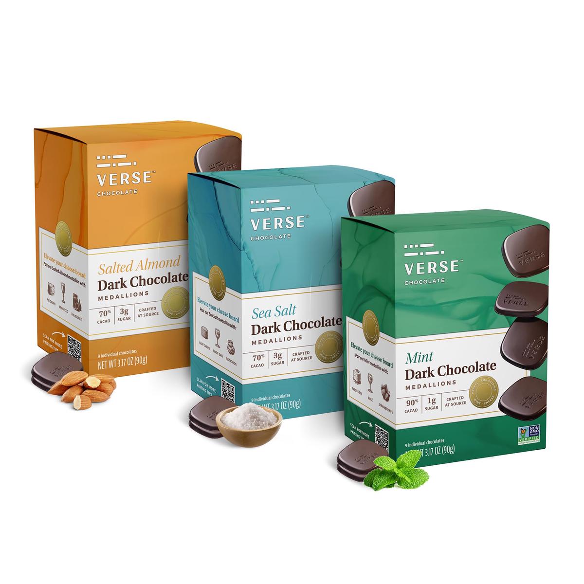Verse Chocolate Dark Chocolate Squares Variety Pack - Mint, Sea Salt, Salted Almond - 9 Individually Wrapped Squares (3.17 oz, 3 Pack)