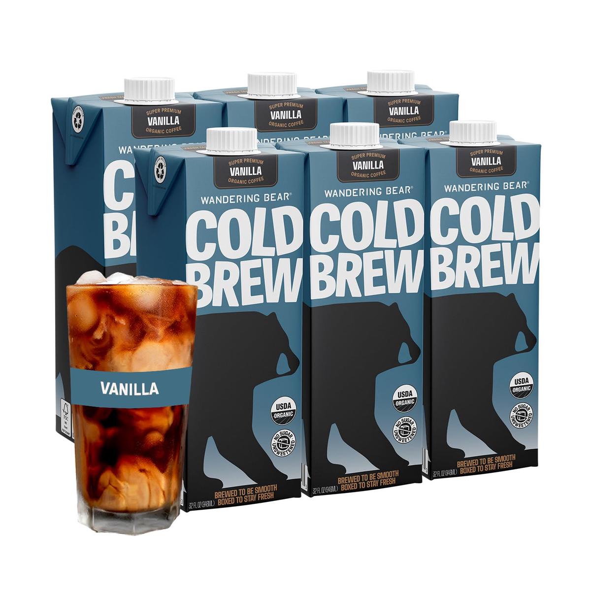 Wandering Bear Organic Vanilla Cold Brew Coffee  32 fl oz  6 pack - Extra Strong  Bold  Smooth  Unsweetened  Shelf-Stable  Ready to Drink  Gluten Free  & Vegan  Iced Cold Brewed Coffee Drinks