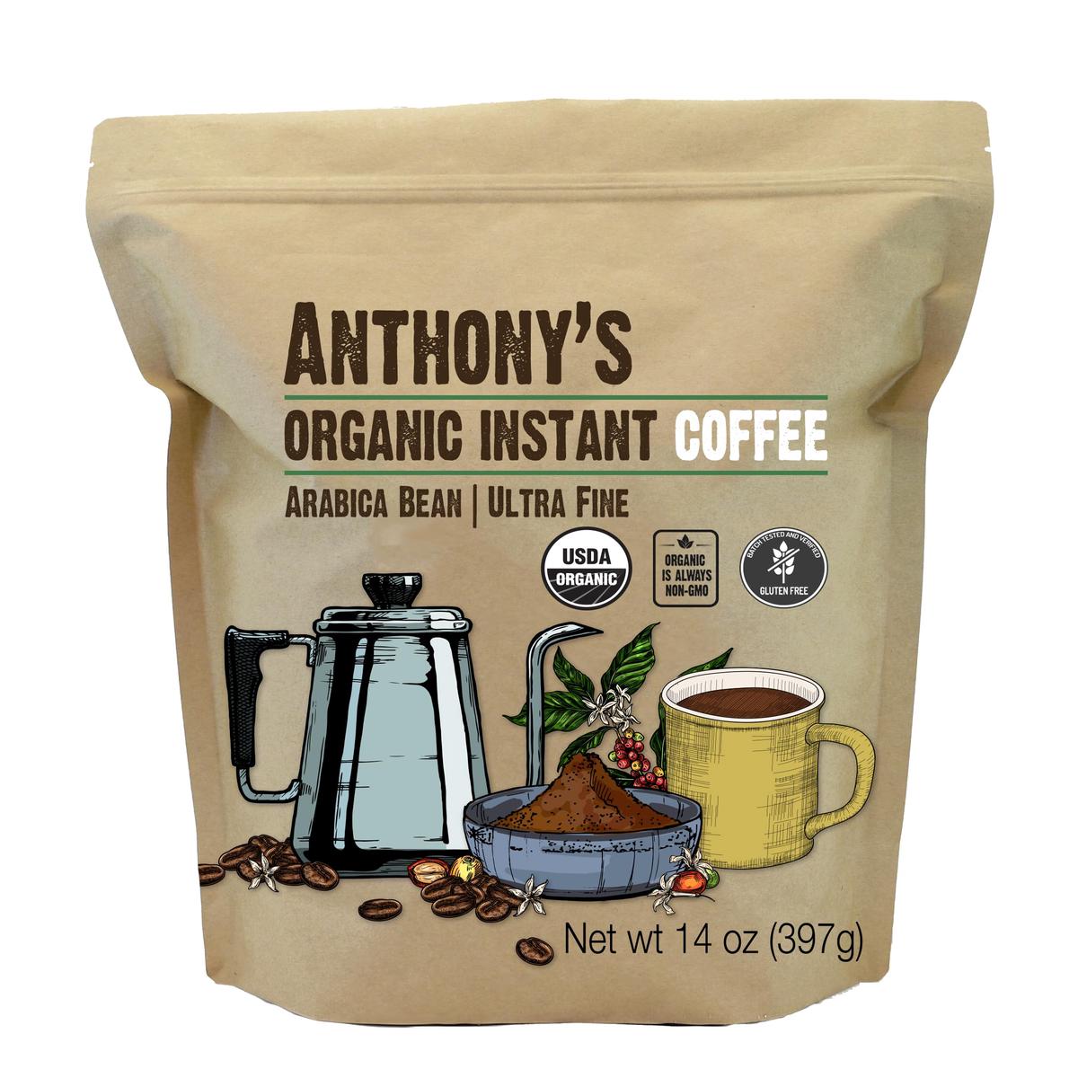 Anthonys Organic Instant Coffee 14oz  Ultra Fine Microground  Gluten Free  Arabica  Non GMO