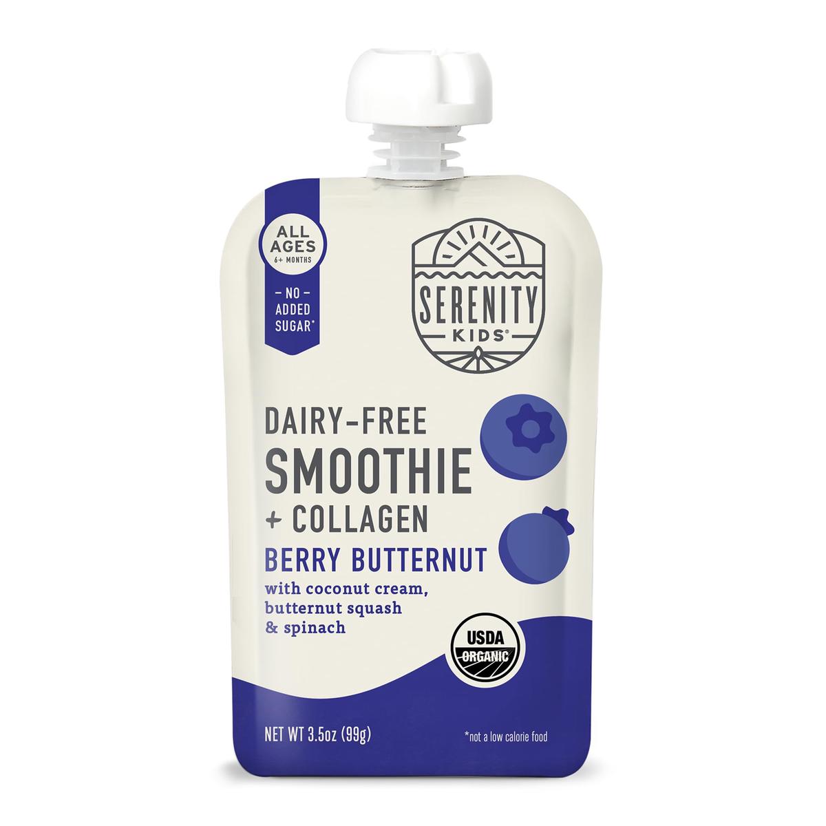 Serenity Kids 6+ Months Dairy-Free Smoothie Baby Food Pouch - Usda Organic & Grass-Fed Collagen Protein - Berry Butternut Flavor - Portable Toddler Snacks - 3.5 Oz, 12 Pack