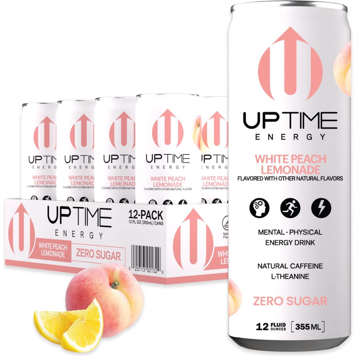 UPTIME Premium Energy Drink - White Peach Lemonade, Zero Sugar, 12oz Bottles, 12 Pack, Natural Caffeine, Sparkling, 5 Calories