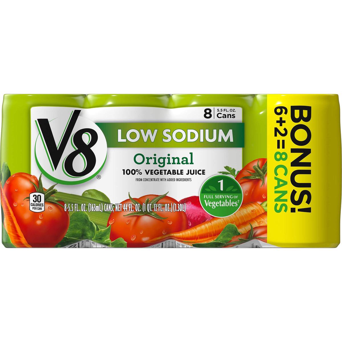 V8 Original Low Sodium 100% Vegetable Juice, 5.5 oz. Can, 8 Count