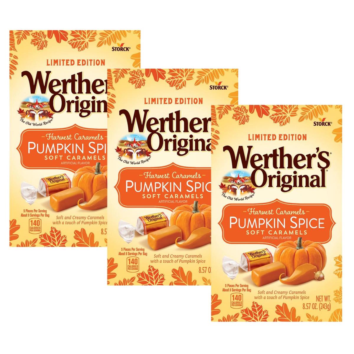 Werthers Original Harvest Pumpkin Spice Caramel Soft Candy - Soft and Creamy  Individually Wrapped  Perfect for Sharing  Delicious Fall Flavor  Old World Recipe - 8.57 Oz Bag (Pack of 3)