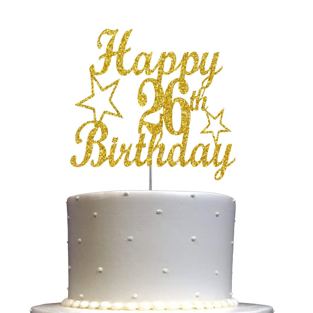 26 Birthday Cake Topper Gold Glitter, Party Decoration Ideas, Enhanced Quality, Sturdy Doubled Sided Glitter, Acrylic Stick. Made In Usa (26Th)