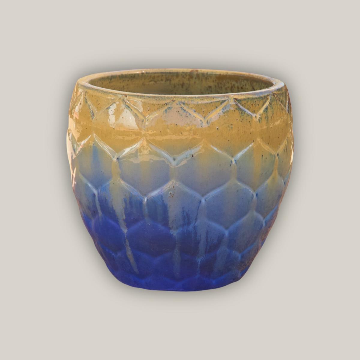 9989P33 - Cream/Blue Round Artichoke Ceramic Planter - 15" x 15" x 12"