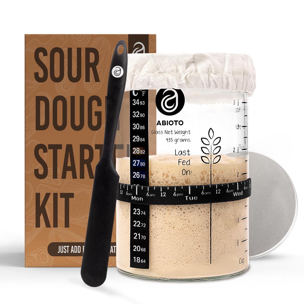 ABIOTO Sourdough Starter Jar Kit  Includes 34 oz Sourdough Starter Jar with Metallic Lid  Silicone Spatula  Feeding Tracker  Extra Thermometer Strips & Breathable Covers - Sourdough Bread Starter Kit