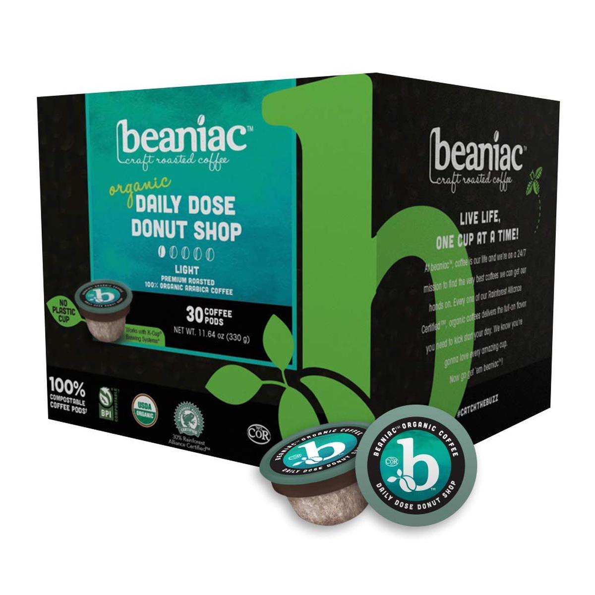 Beaniac Organic Daily Dose Donut Shop, Light Roast, Single Serve Compostable K Cup Coffee Pods, Organic Arabica Coffee, Keurig B