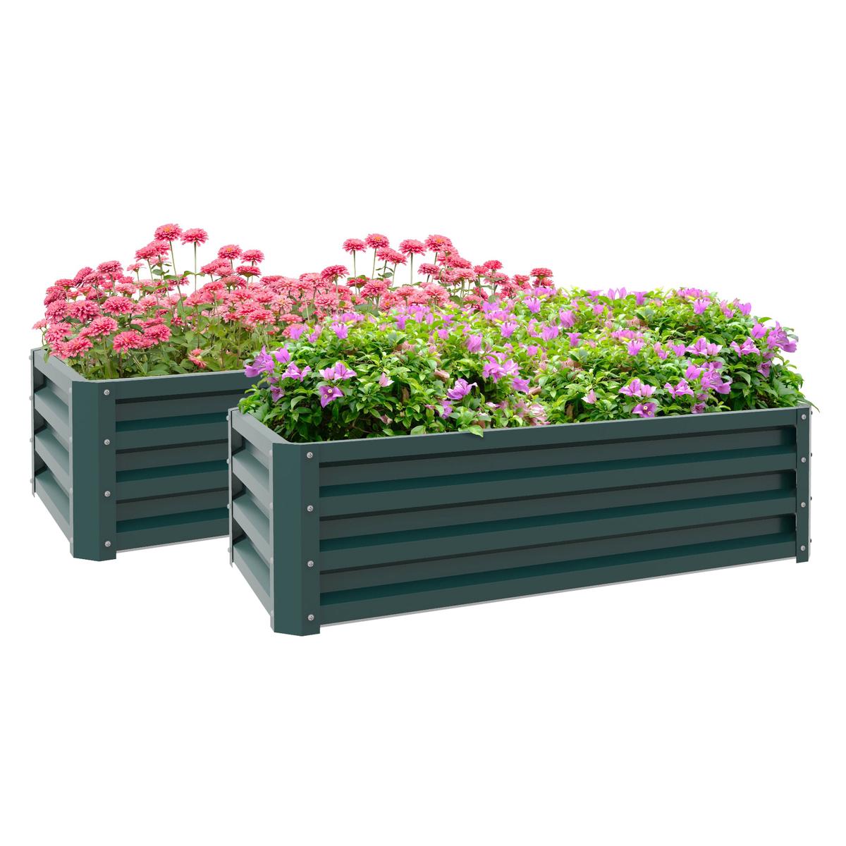 Set of 2 Large Steel Raised Garden Planter Boxes for Outdoor Growing, Green