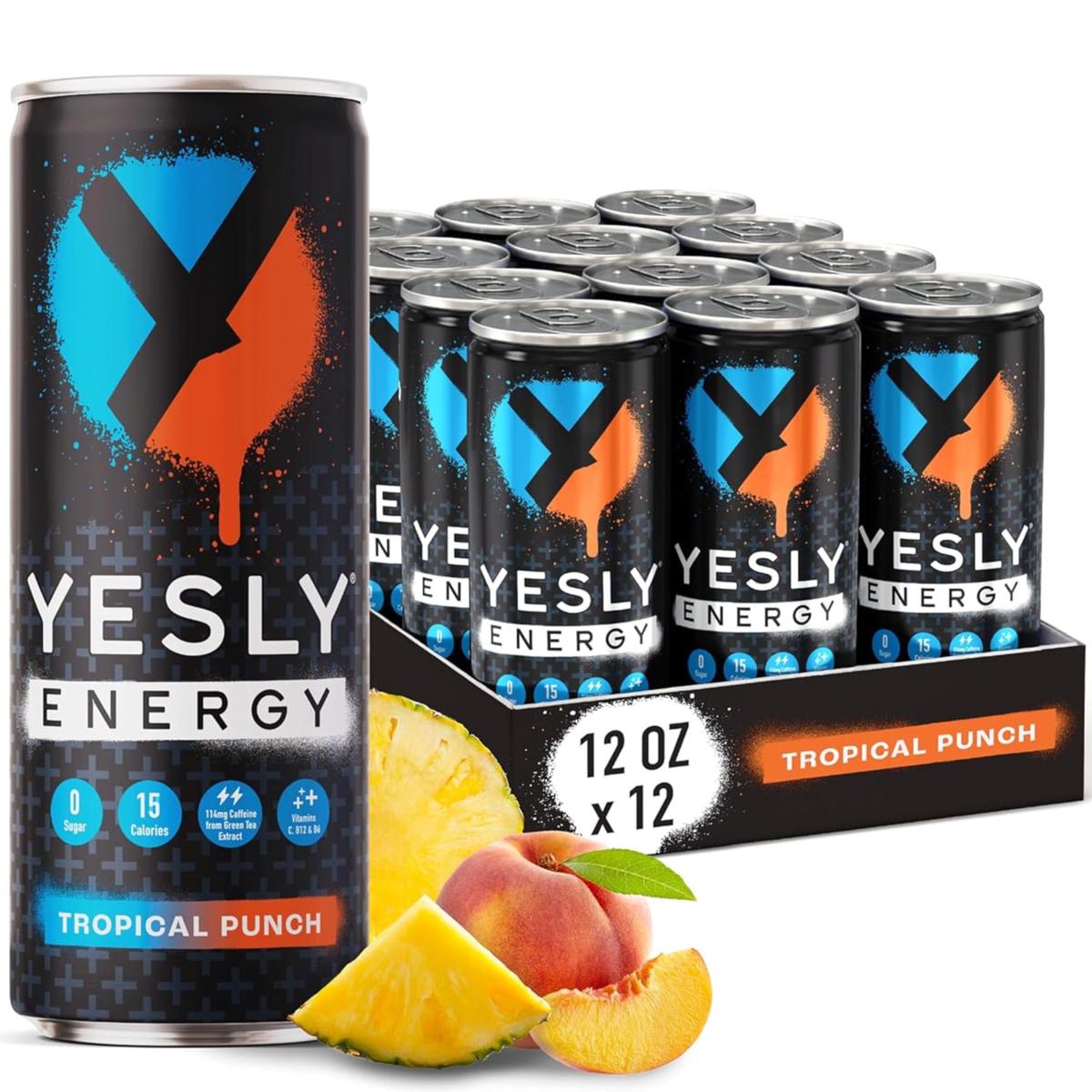 Yesly Energy Drink  Tropical Punch  Naturally Flavored Sparkling Energy Drink With Electrolytes  Magnesium  Potassium  Vitamin C  B6 & B12  Natural Caffeine From Green Tea  12 Fl Oz Cans  12 Pack