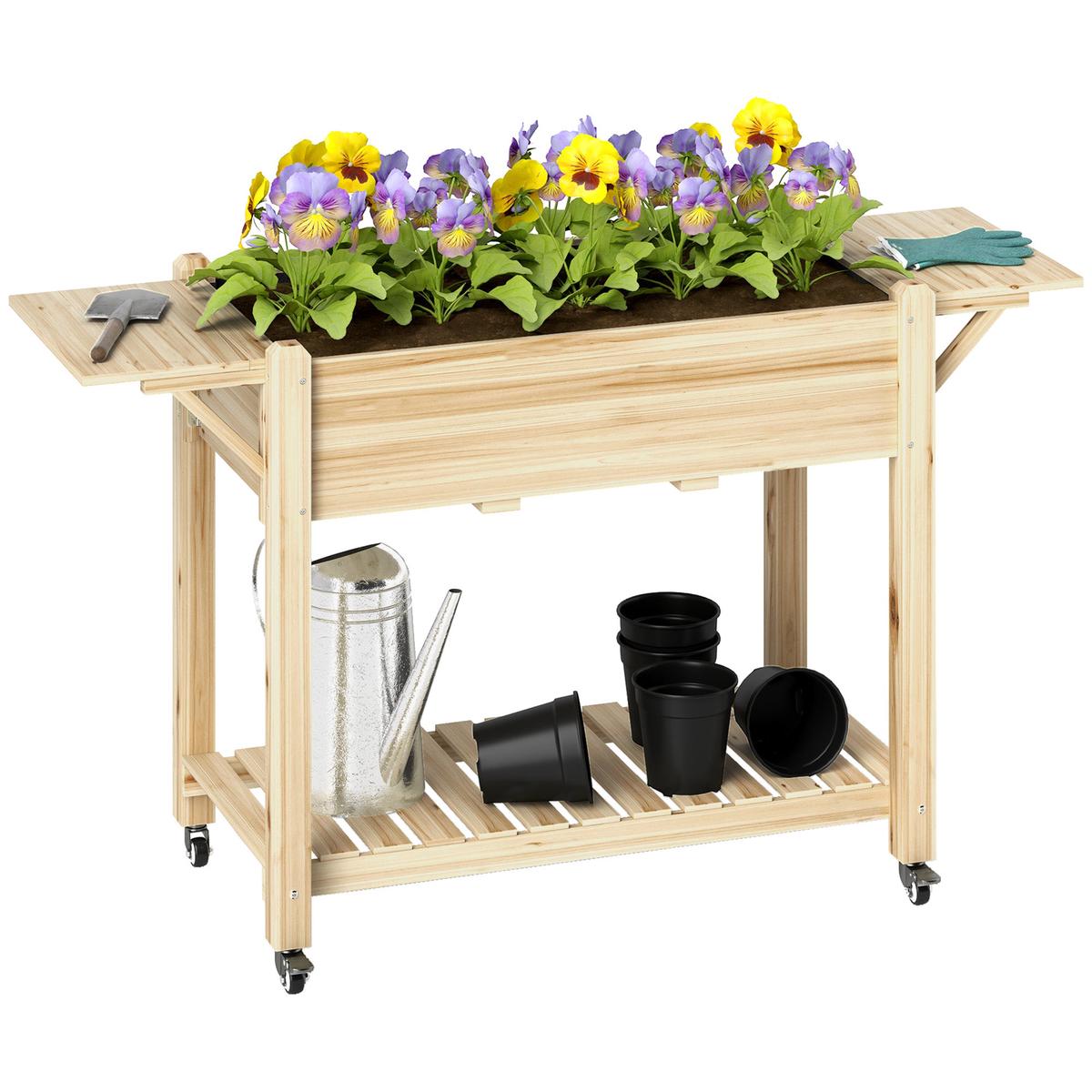 Wooden Raised Planter with Wheels and Shelves 46 x 94cm Natural Finish by Outsunny