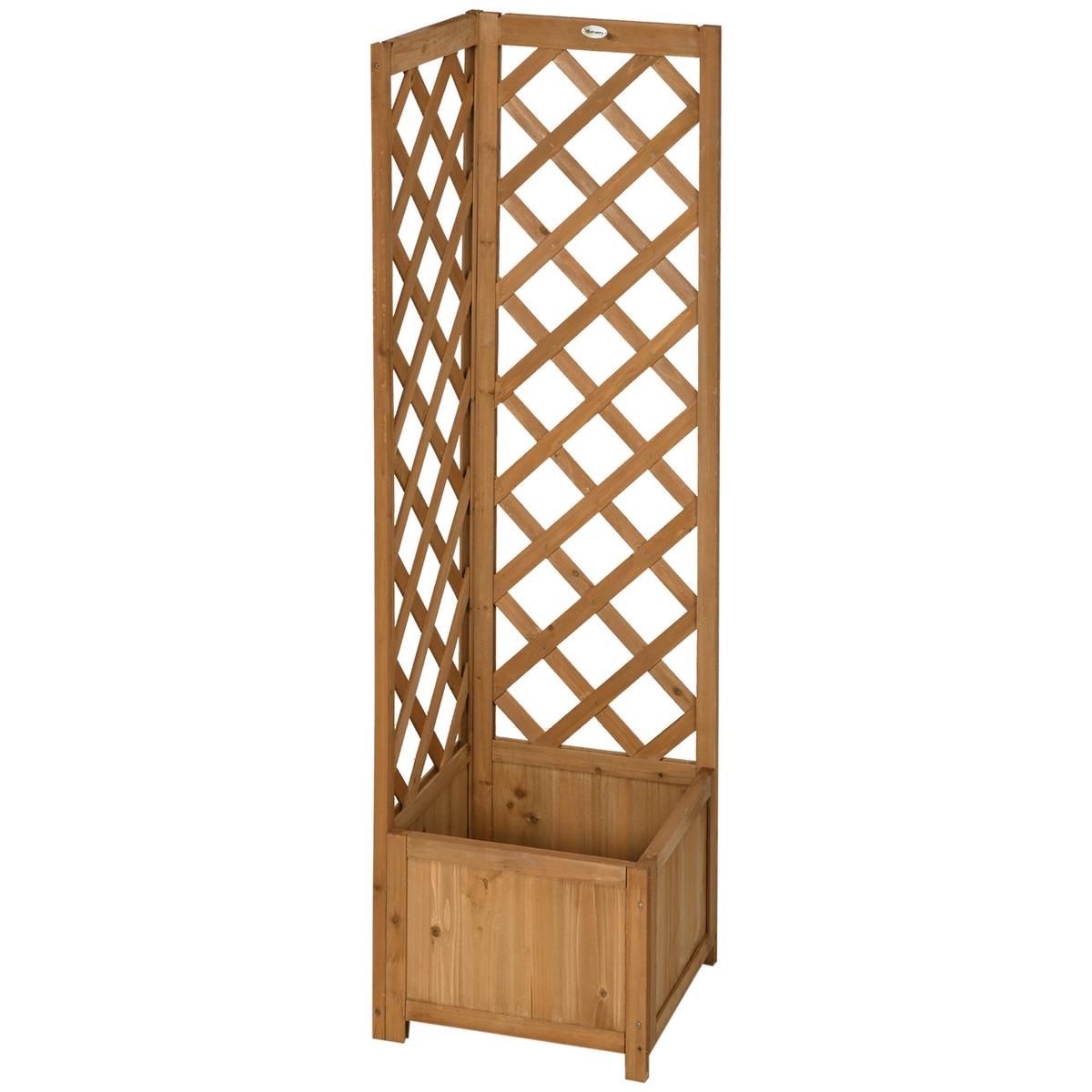 Wooden Planter with Corner Trellis, Freestanding Raised Garden Bed with Drainage Bottom, Outdoor Planter Box, Brown