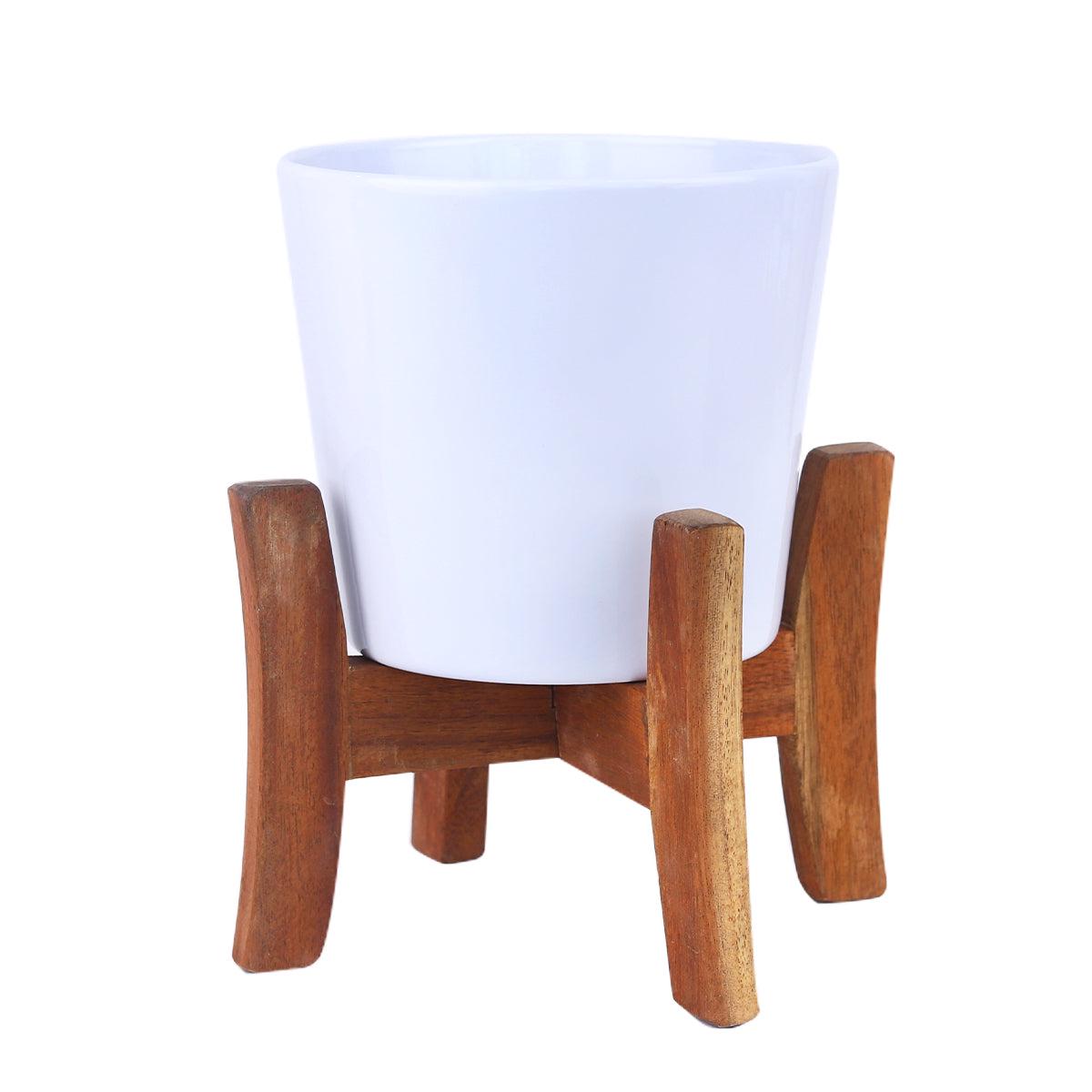 White Ceramic Pot with Wooden Stand - Medium 5.7 inch