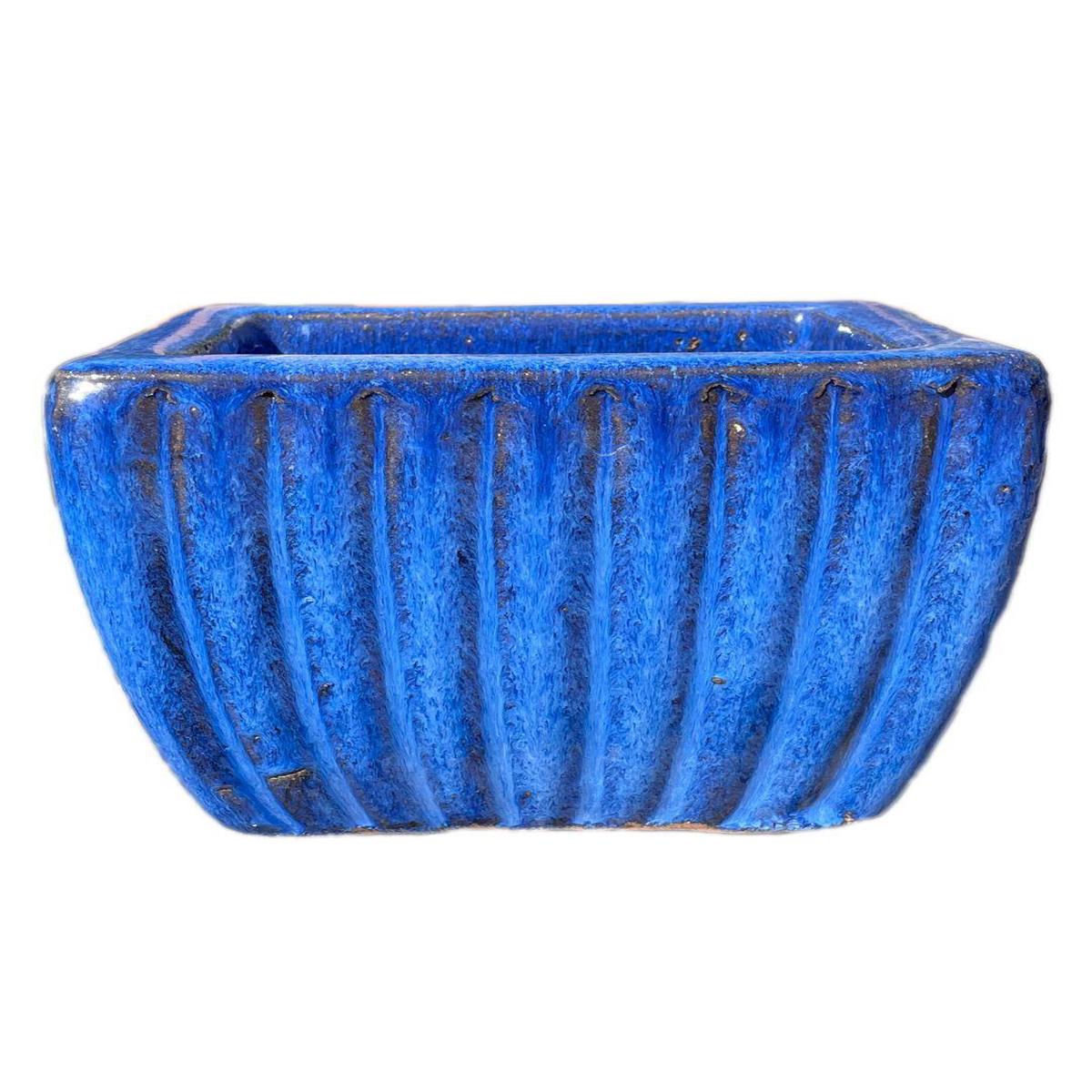 9829C1 - Cobalt Blue Tapered Square Ceramic Ribbed Planter - Low - 12" x 12" x 8"