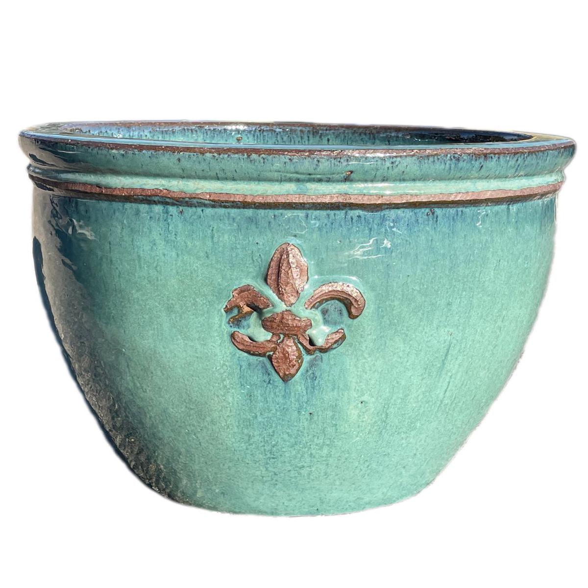 8455N19 - Marble Green Fleur de Lis Double Rim Ceramic Planter - 13" x 13" x 11" | Marble Green